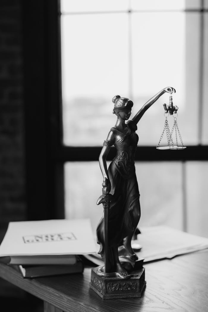 team-01 Grayscale photo of Lady Justice statue beside legal documents on a wooden table.